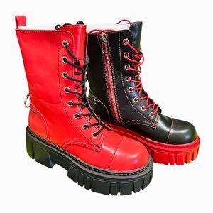 Current Mood Two-Tone Red and Black Lace-Up Platform Boots